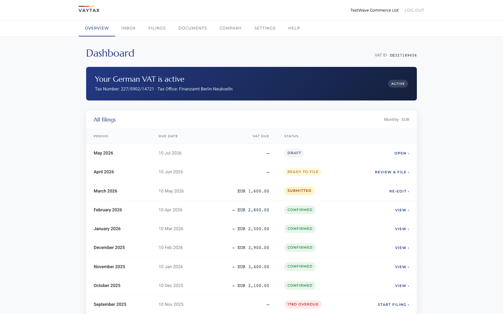 Vaytax dashboard with all filings listed and a 'File' button on the open period