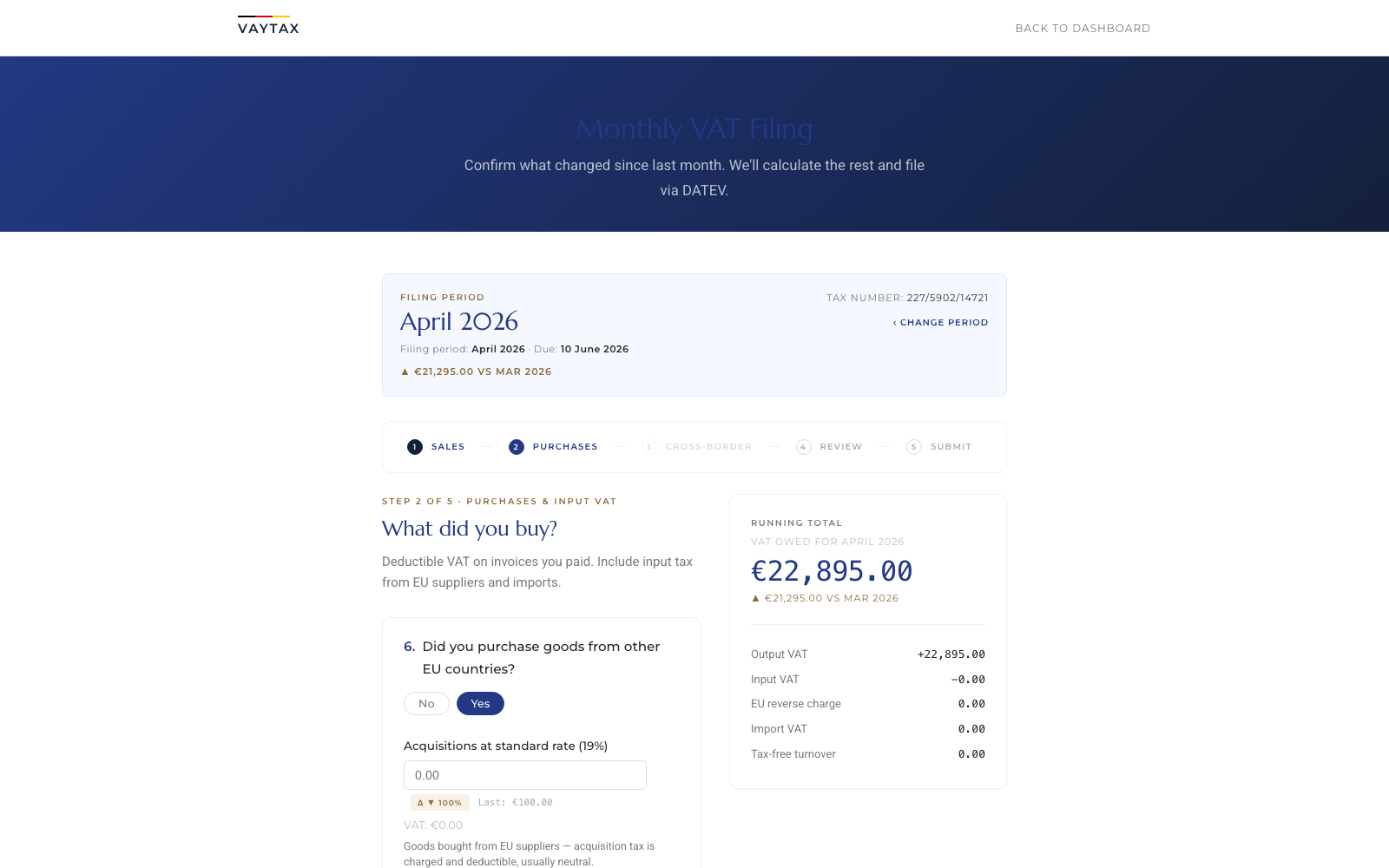 Filing wizard step 2, Purchases — header 'What did you buy?' with first question about EU acquisitions