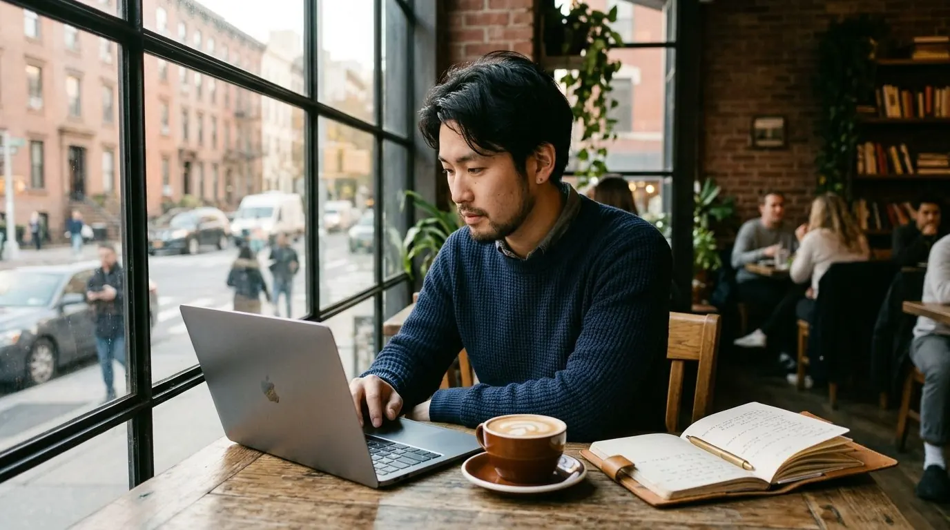 A seller working on a laptop in a café