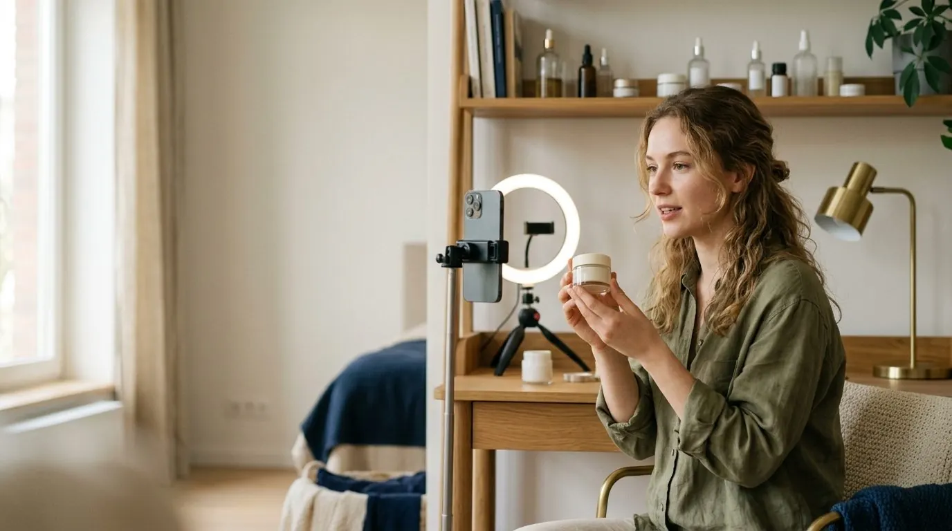 A creator presenting a product at a ring light