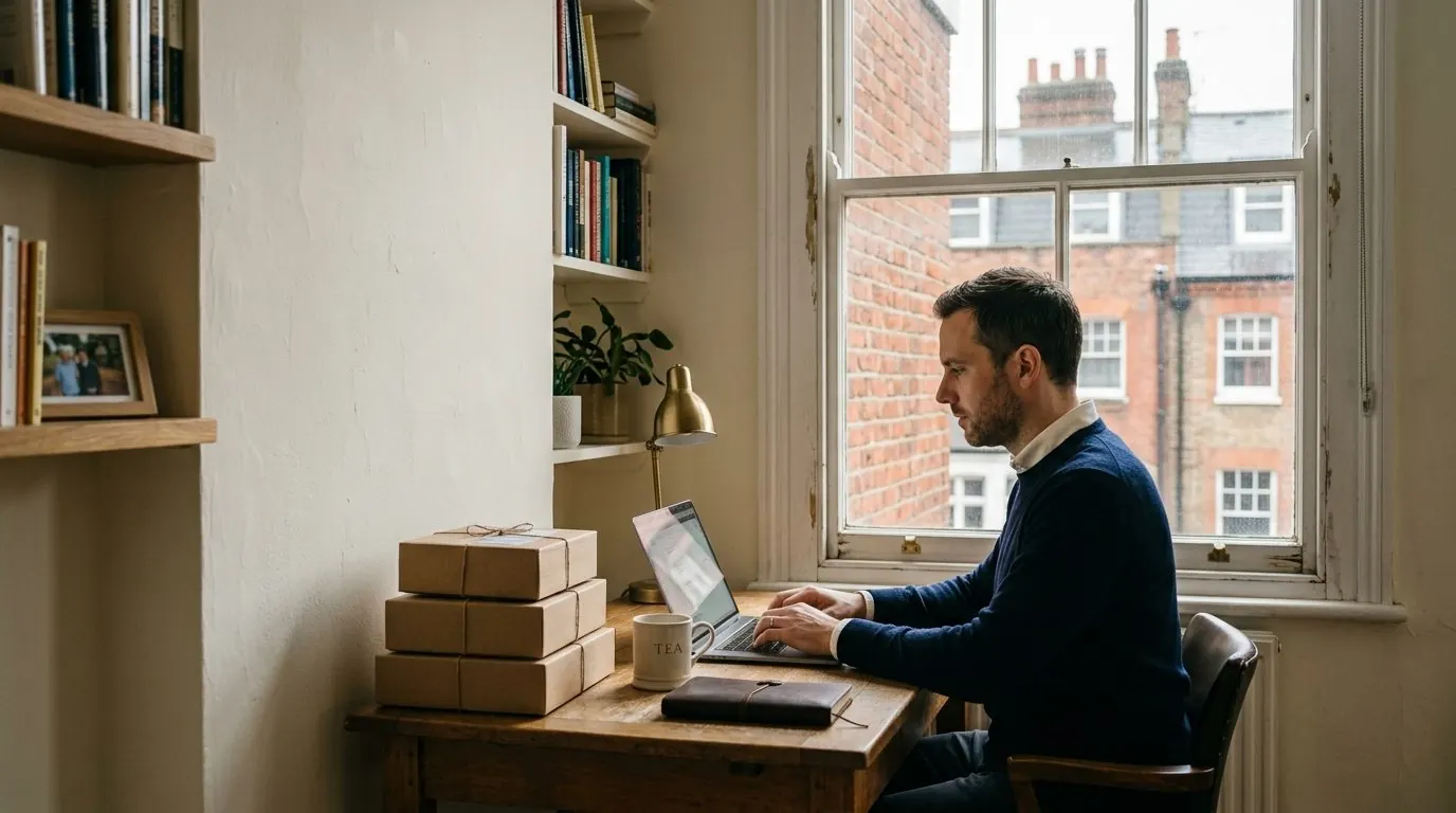 A founder at a desk in a London office