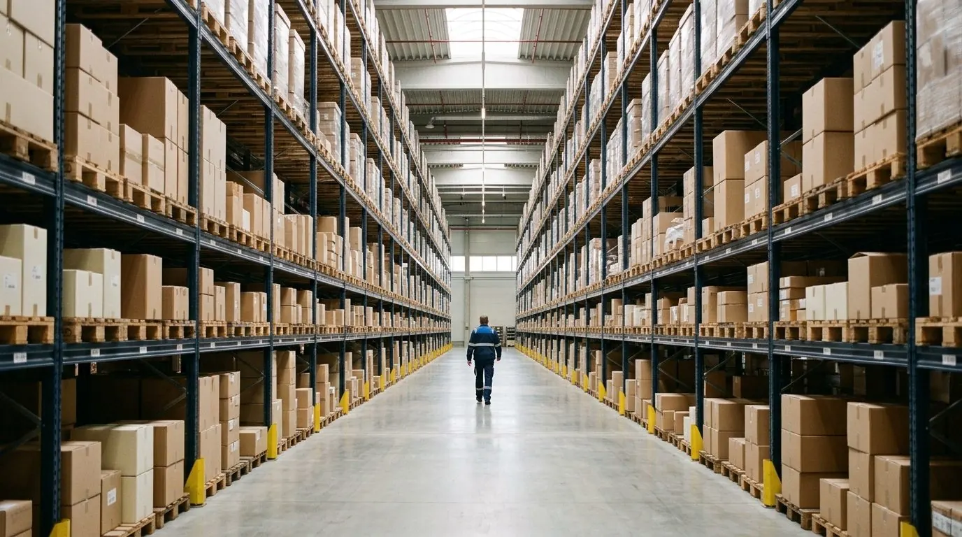 A German fulfilment warehouse aisle